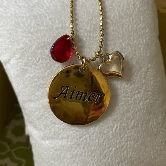 AVON “Love” Necklace – Gold Tone Pendant with Heart & Garnet Color Gem Drop - Picture 3 of 7